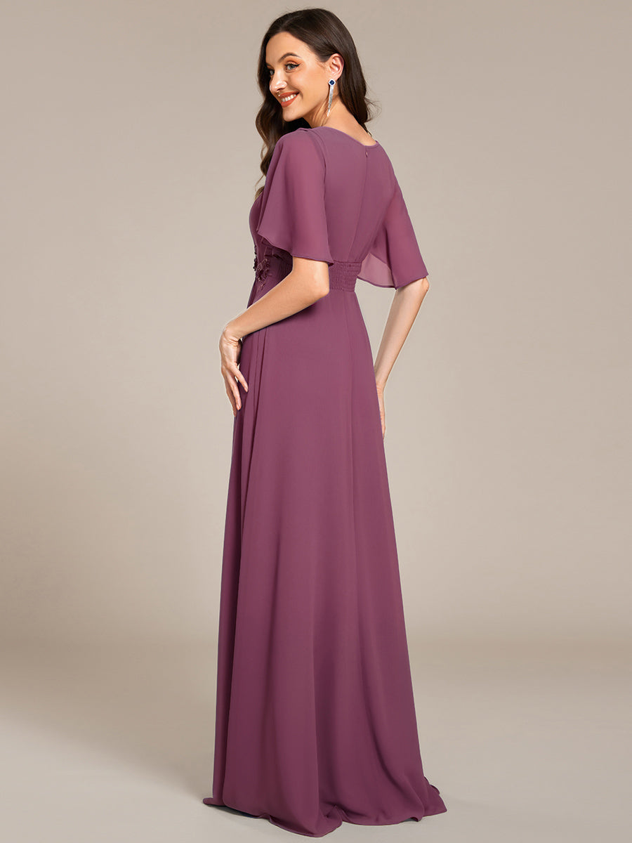 ever ASPYN|Short Sleeve Pleated Applique A-Line Floor-Length Formal Evening Dress