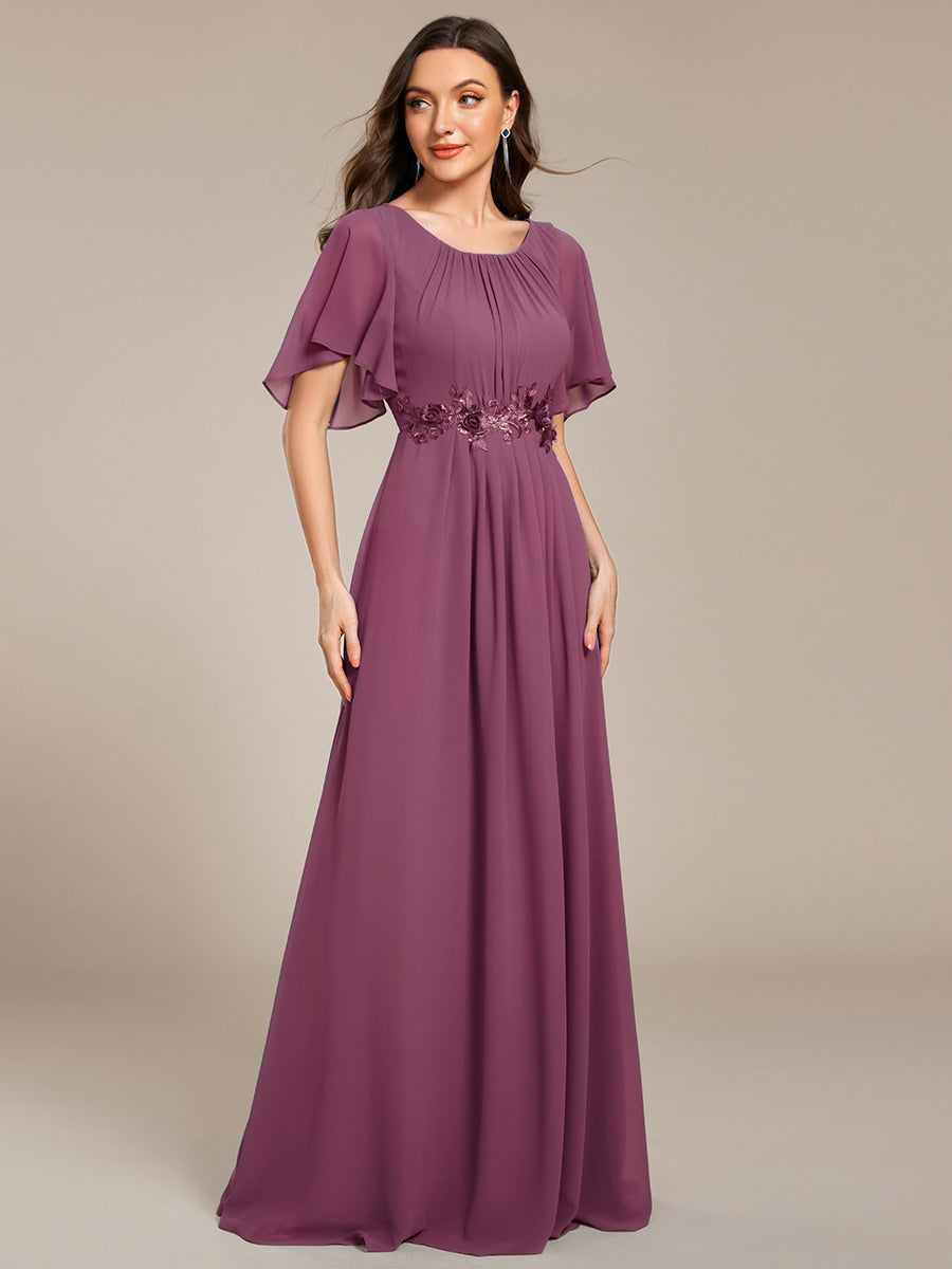ever ASPYN|Short Sleeve Pleated Applique A-Line Floor-Length Formal Evening Dress