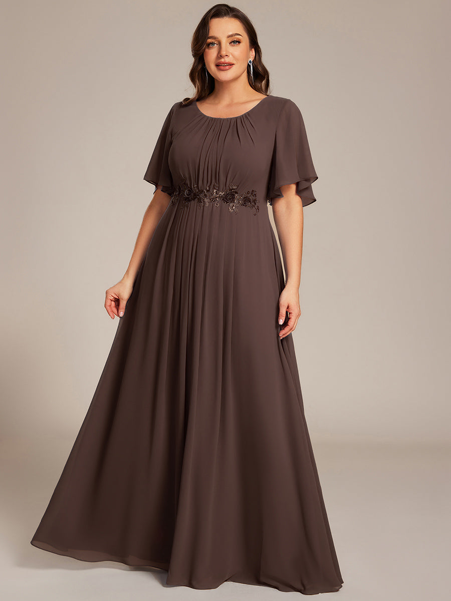 ever ASPYN|Short Sleeve Pleated Applique A-Line Floor-Length Formal Evening Dress