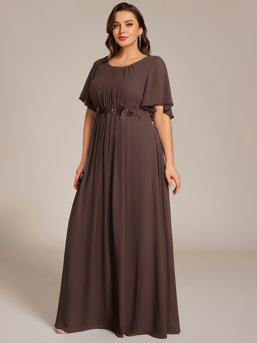 ever ASPYN|Short Sleeve Pleated Applique A-Line Floor-Length Formal Evening Dress