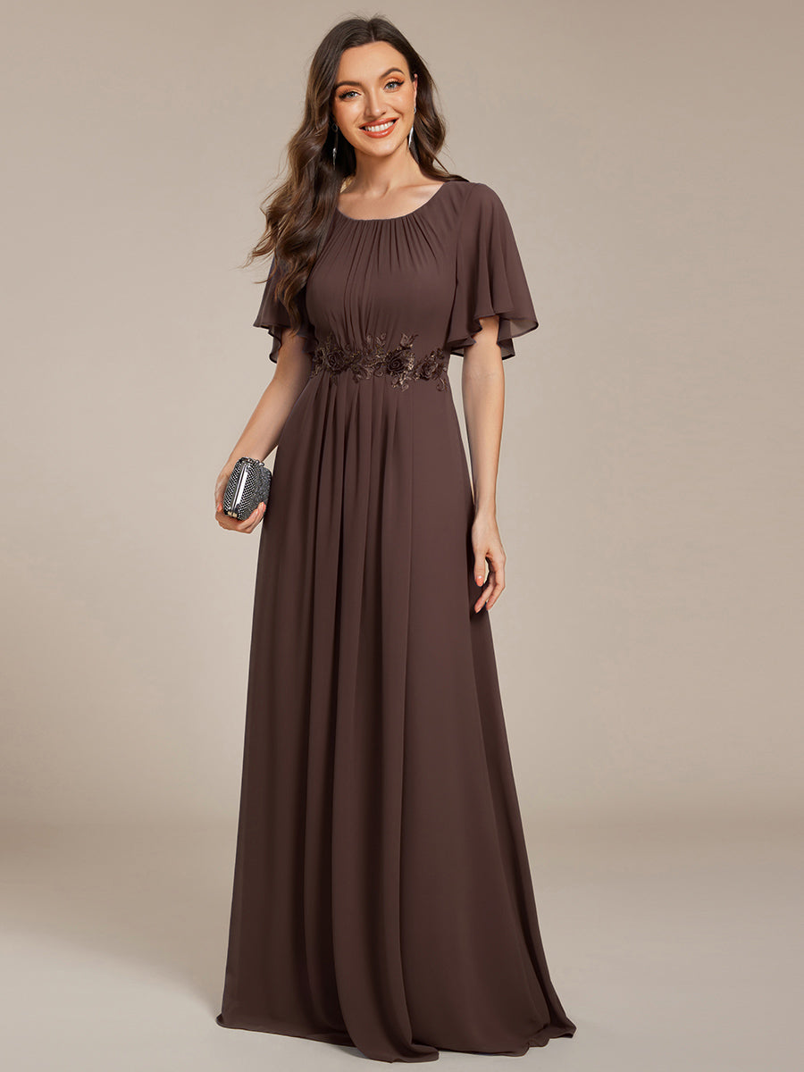ever ASPYN|Short Sleeve Pleated Applique A-Line Floor-Length Formal Evening Dress