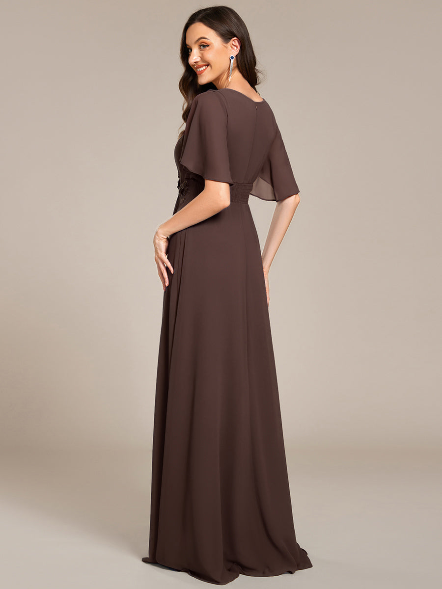 ever ASPYN|Short Sleeve Pleated Applique A-Line Floor-Length Formal Evening Dress