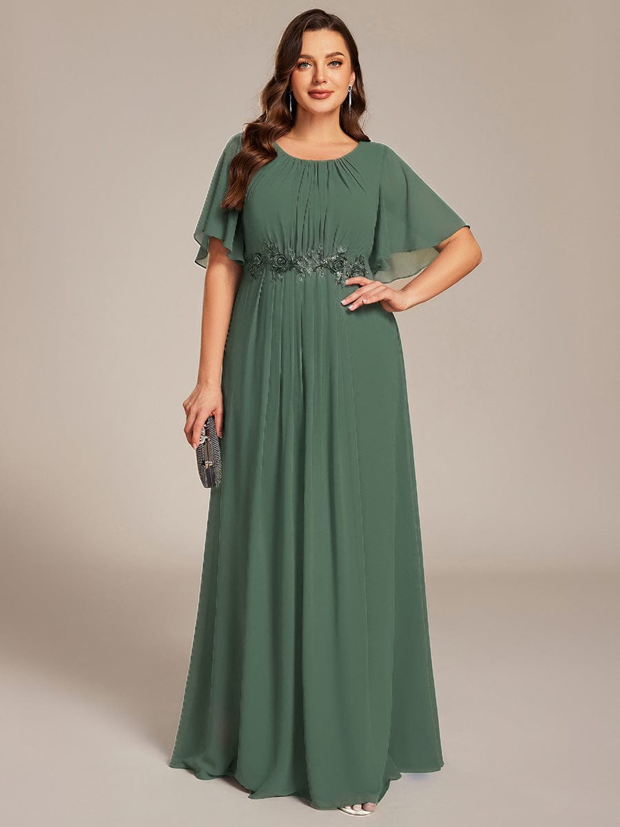 ever ASPYN|Short Sleeve Pleated Applique A-Line Floor-Length Formal Evening Dress