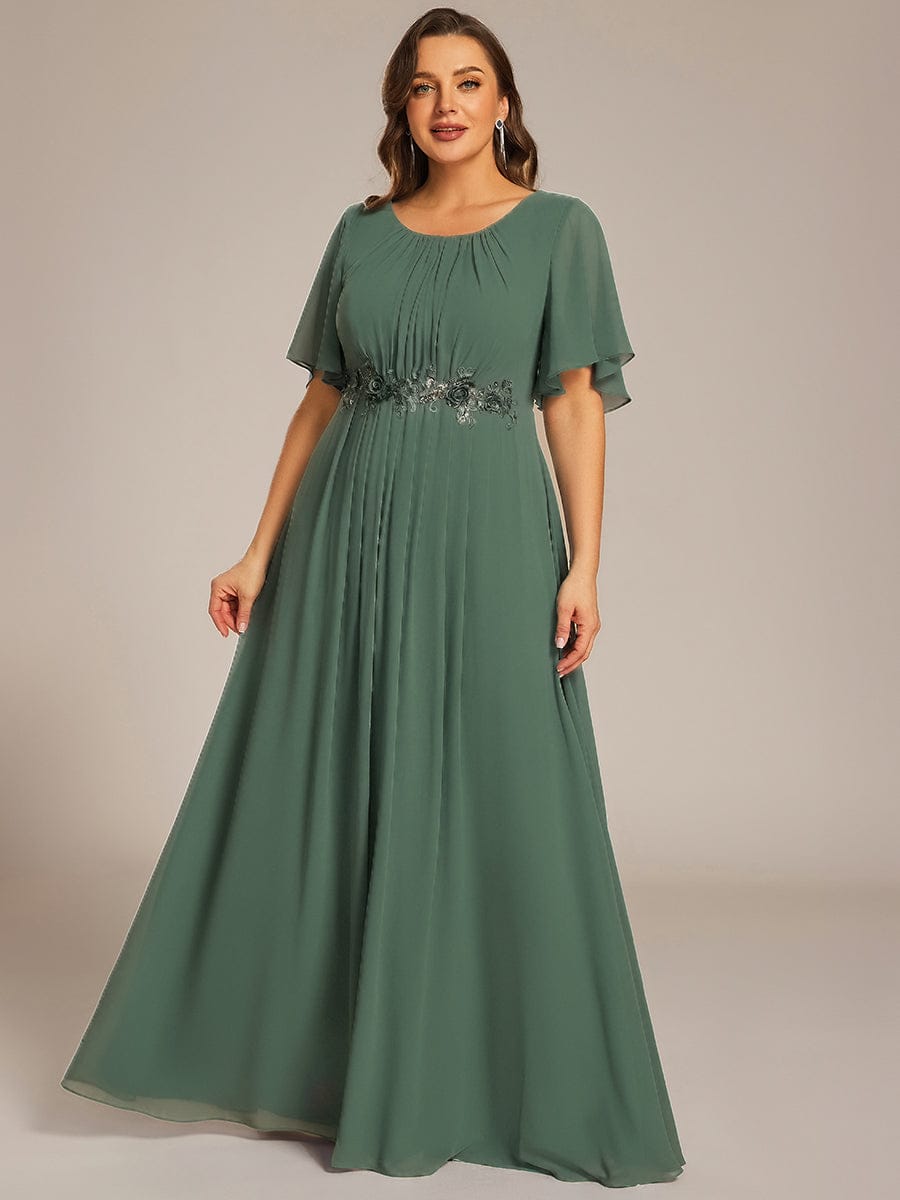 ever ASPYN|Short Sleeve Pleated Applique A-Line Floor-Length Formal Evening Dress
