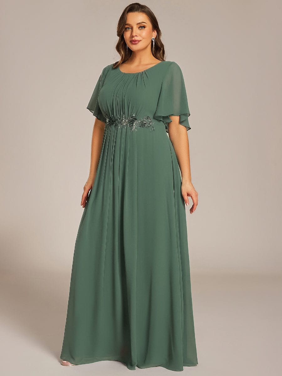 ever ASPYN|Short Sleeve Pleated Applique A-Line Floor-Length Formal Evening Dress