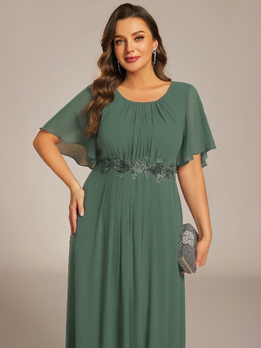 ever ASPYN|Short Sleeve Pleated Applique A-Line Floor-Length Formal Evening Dress