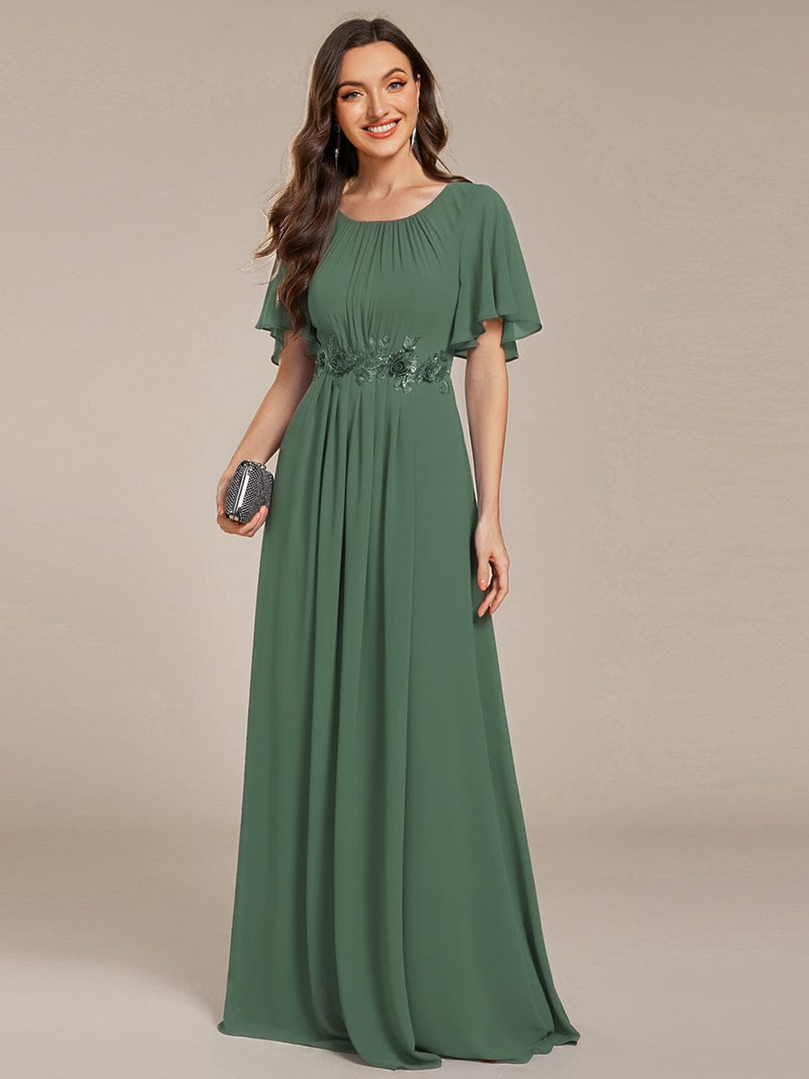 ever ASPYN|Short Sleeve Pleated Applique A-Line Floor-Length Formal Evening Dress