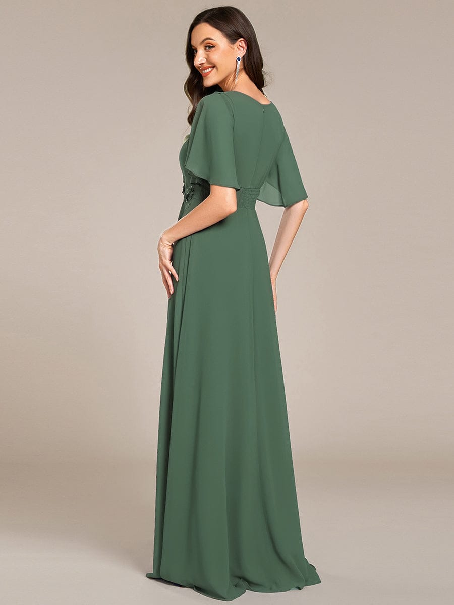 ever ASPYN|Short Sleeve Pleated Applique A-Line Floor-Length Formal Evening Dress