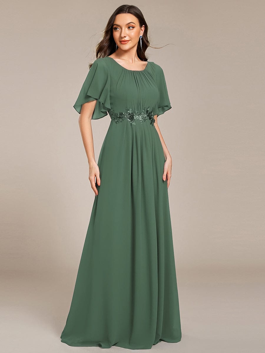 ever ASPYN|Short Sleeve Pleated Applique A-Line Floor-Length Formal Evening Dress