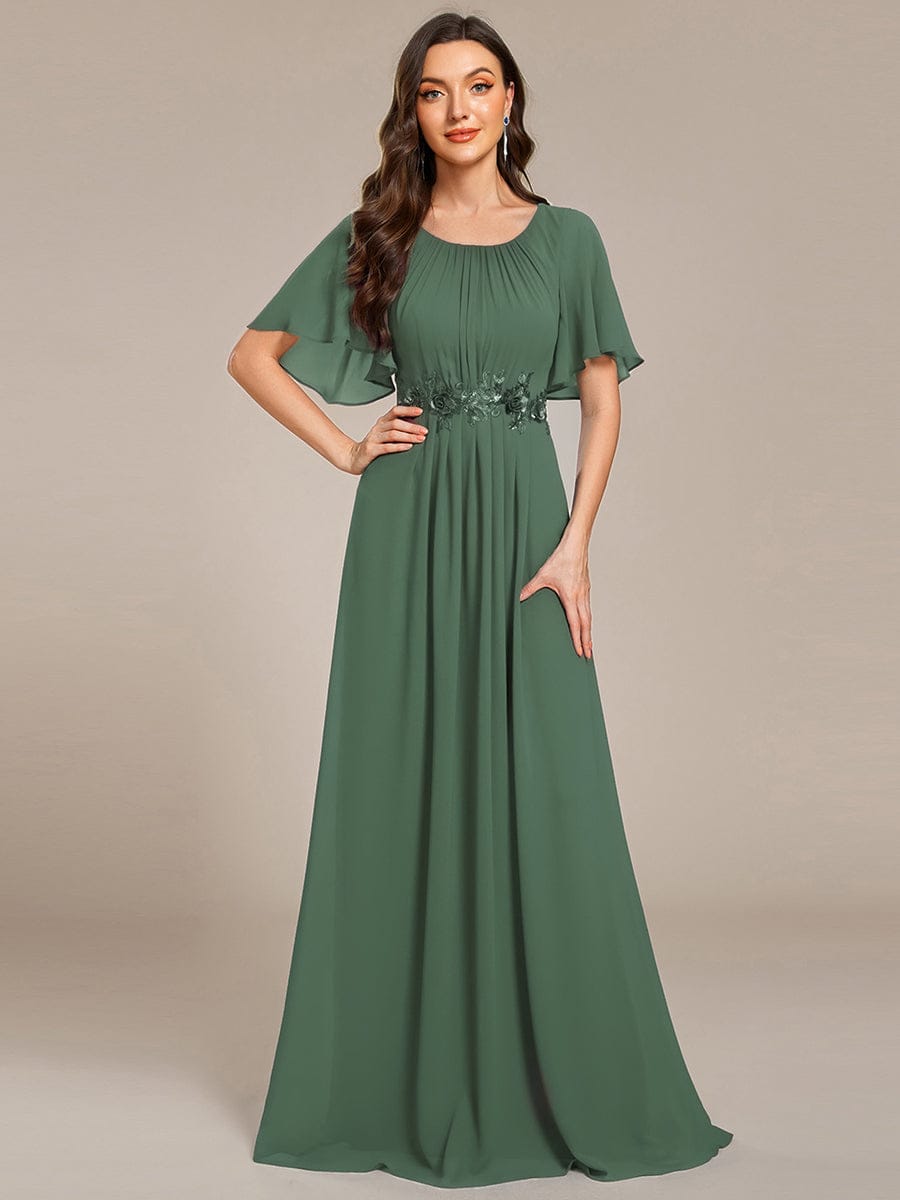 ever ASPYN|Short Sleeve Pleated Applique A-Line Floor-Length Formal Evening Dress