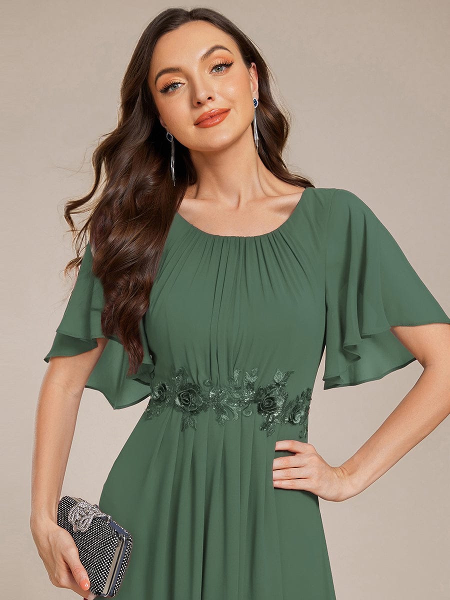 ever ASPYN|Short Sleeve Pleated Applique A-Line Floor-Length Formal Evening Dress