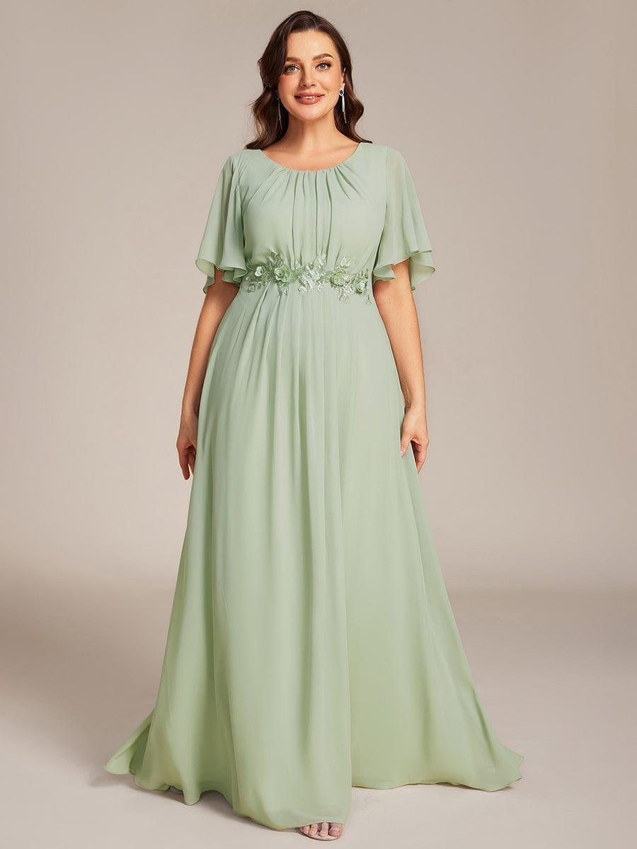 ever ASPYN|Short Sleeve Pleated Applique A-Line Floor-Length Formal Evening Dress