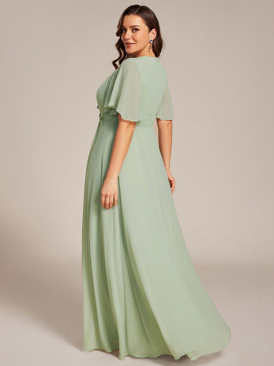 ever ASPYN|Short Sleeve Pleated Applique A-Line Floor-Length Formal Evening Dress