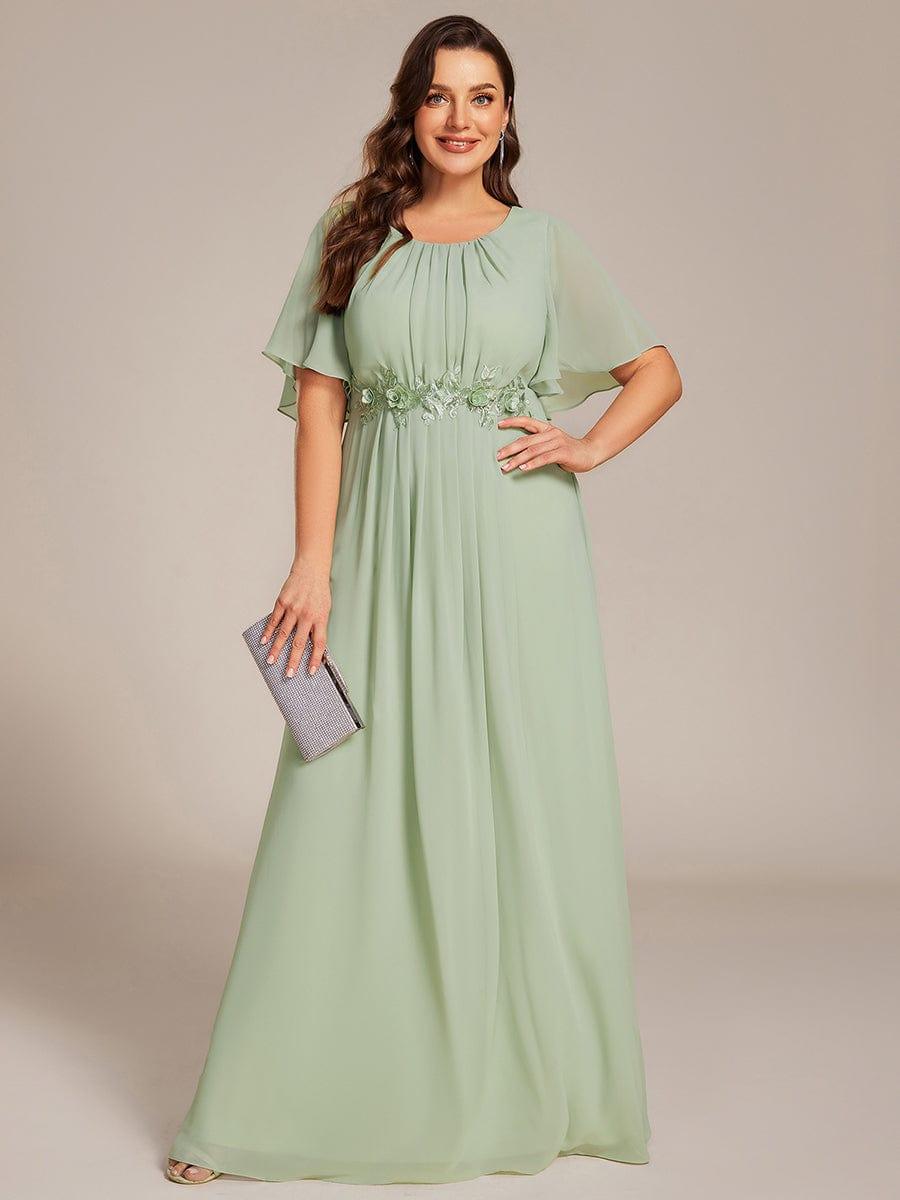 ever ASPYN|Short Sleeve Pleated Applique A-Line Floor-Length Formal Evening Dress