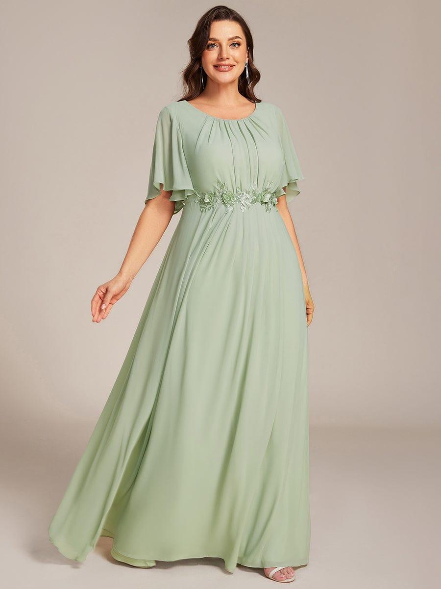 ever ASPYN|Short Sleeve Pleated Applique A-Line Floor-Length Formal Evening Dress