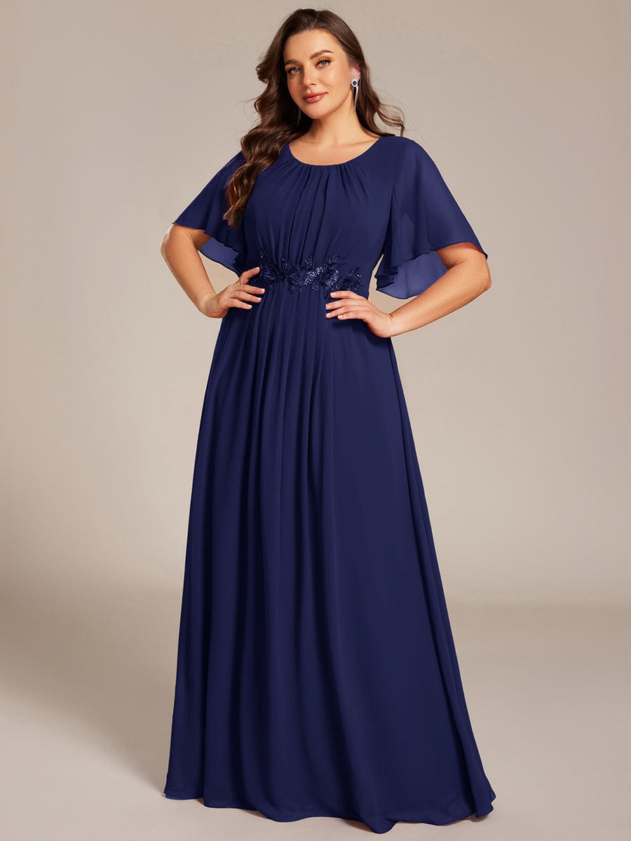 ever ASPYN|Short Sleeve Pleated Applique A-Line Floor-Length Formal Evening Dress