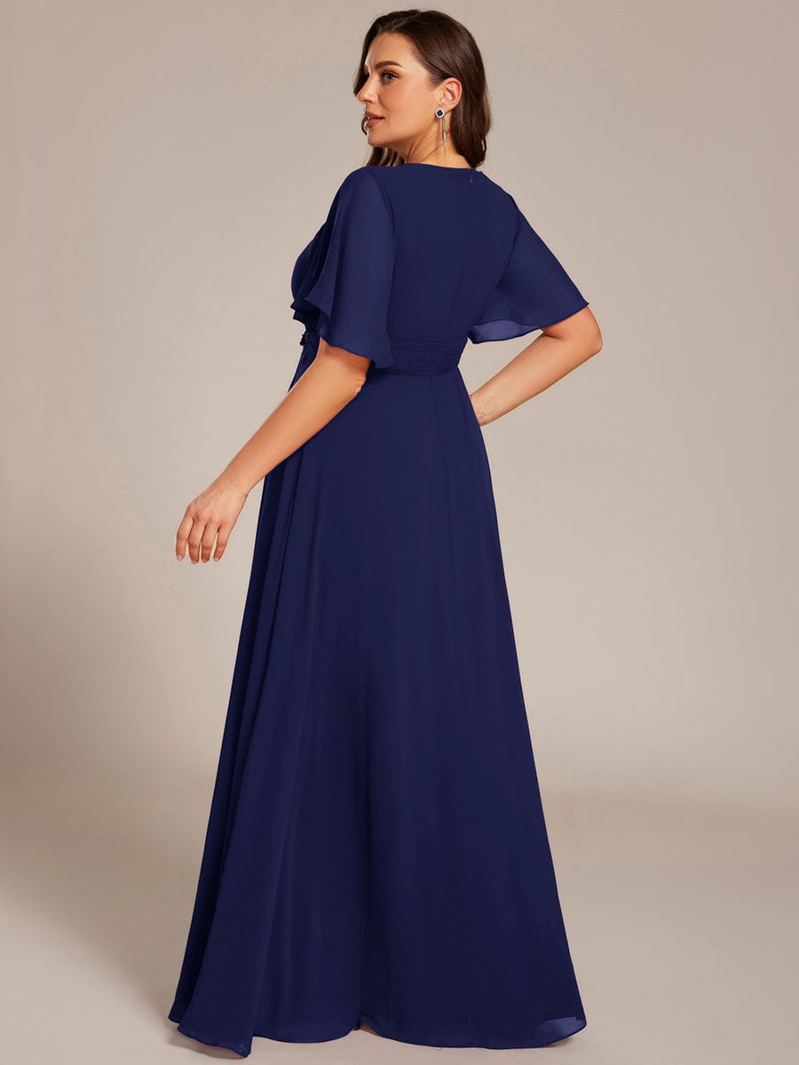 ever ASPYN|Short Sleeve Pleated Applique A-Line Floor-Length Formal Evening Dress