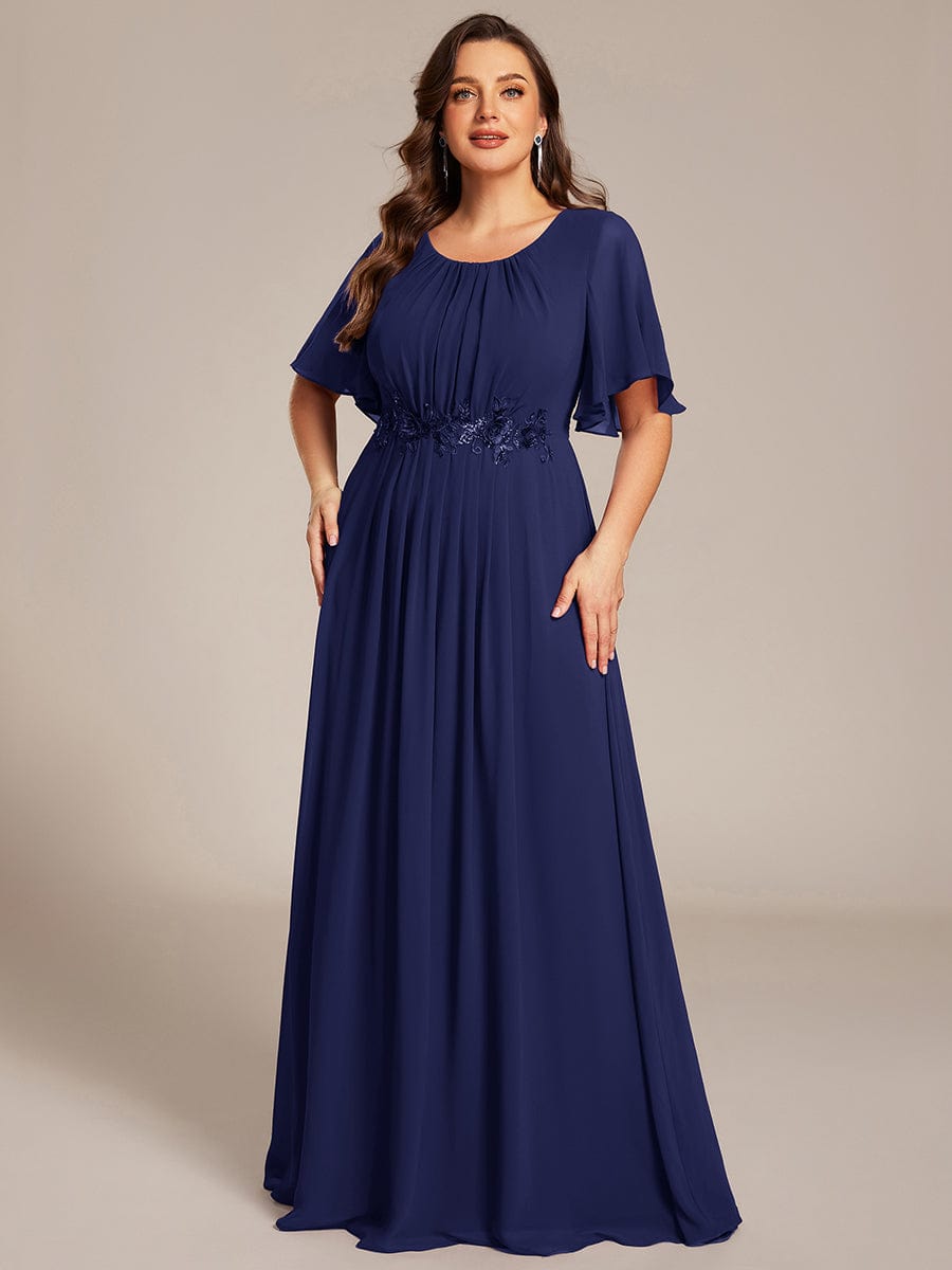 ever ASPYN|Short Sleeve Pleated Applique A-Line Floor-Length Formal Evening Dress