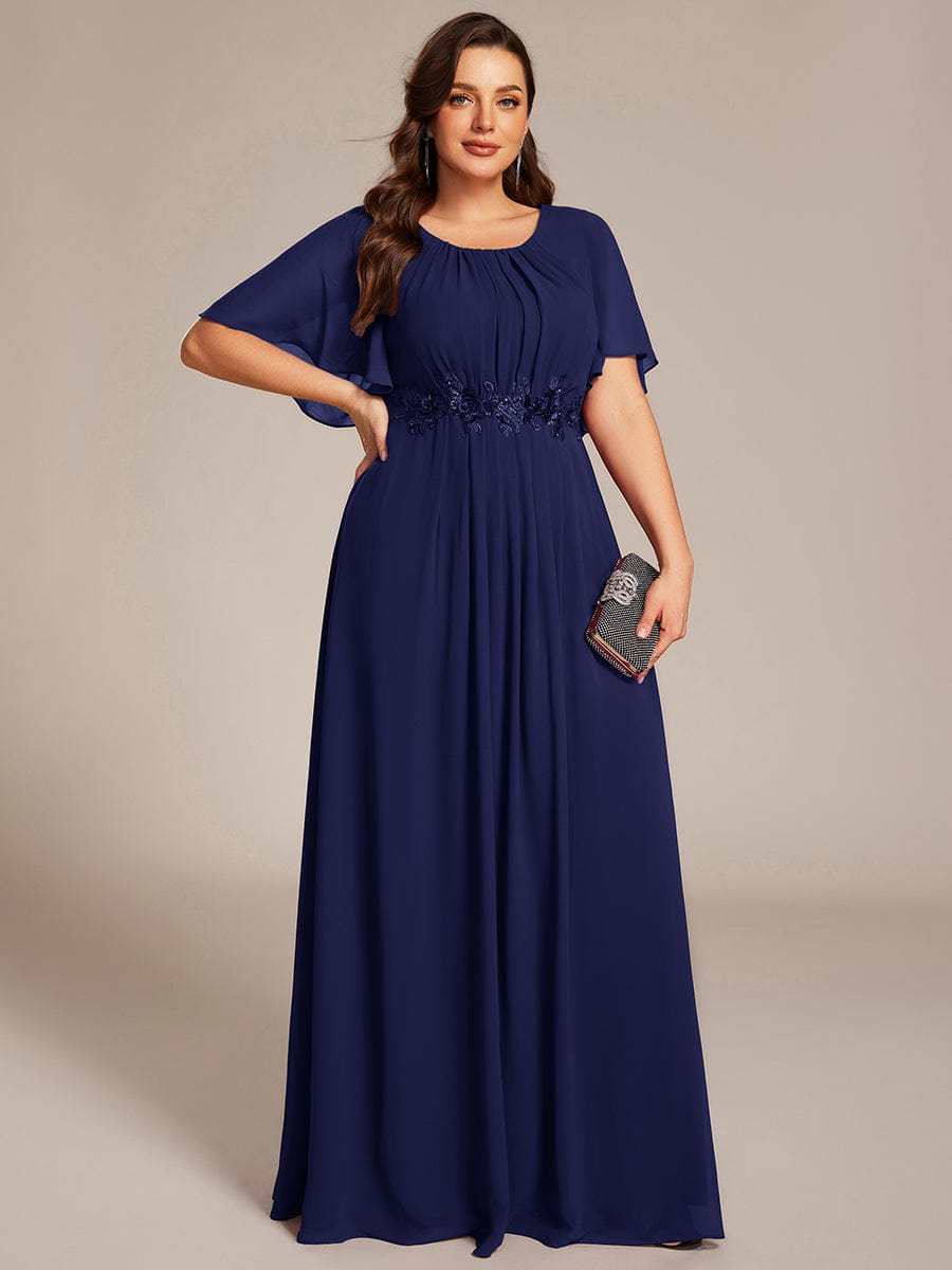 ever ASPYN|Short Sleeve Pleated Applique A-Line Floor-Length Formal Evening Dress