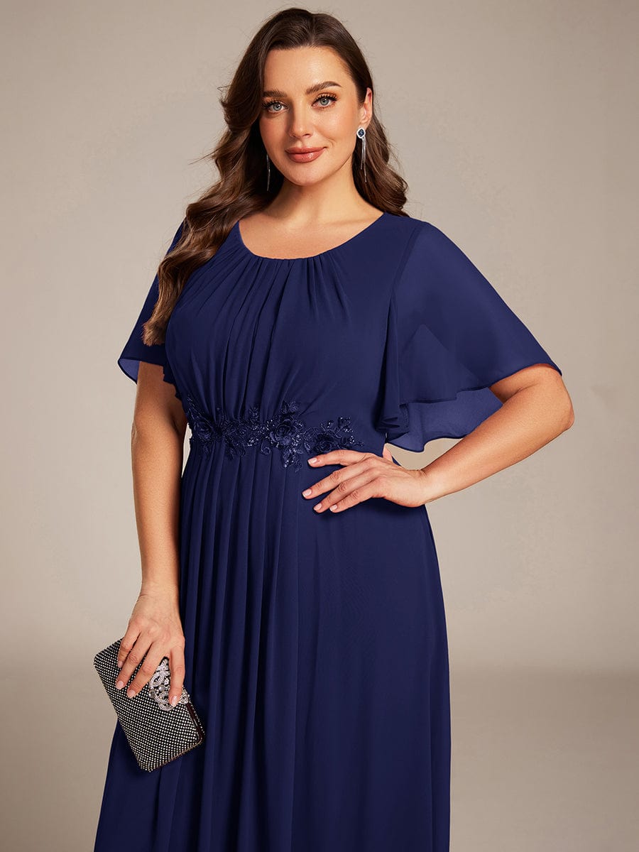 ever ASPYN|Short Sleeve Pleated Applique A-Line Floor-Length Formal Evening Dress