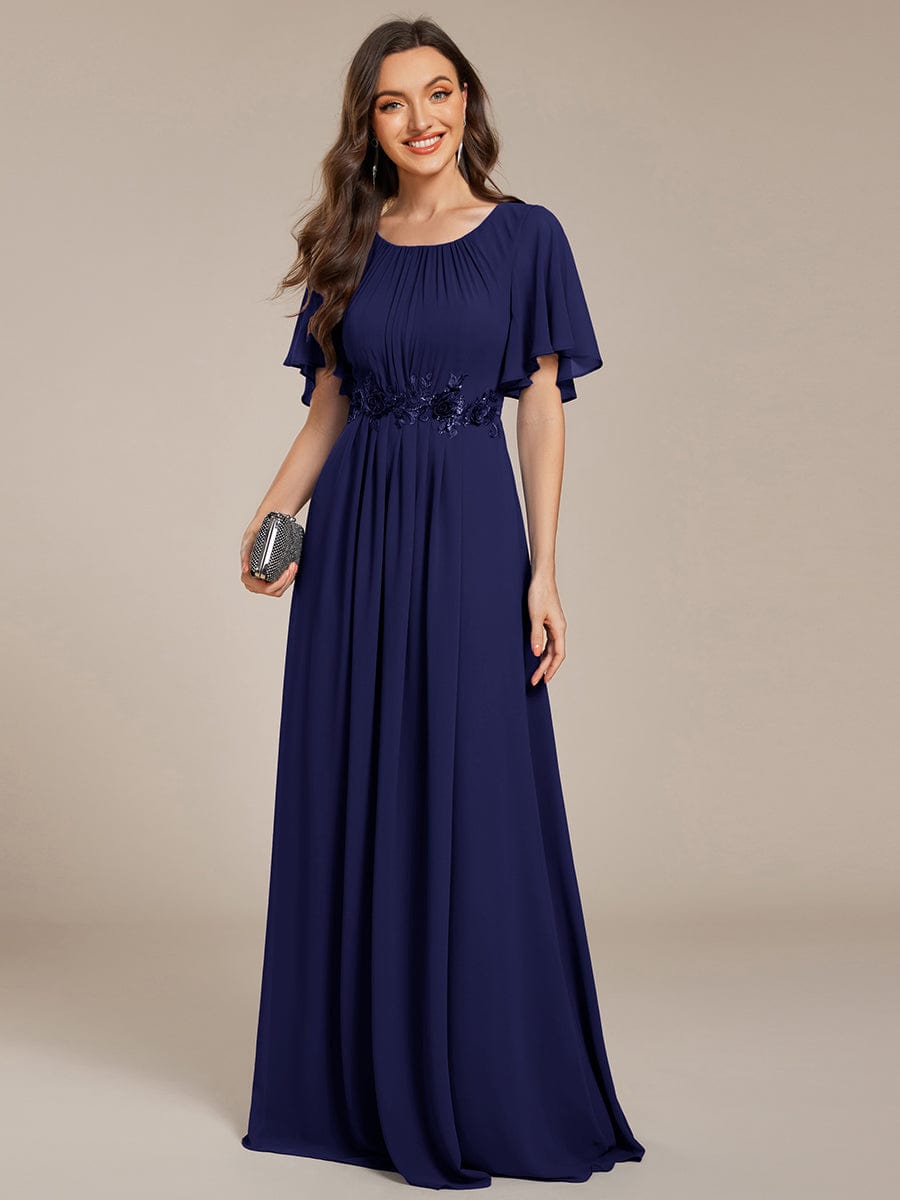 ever ASPYN|Short Sleeve Pleated Applique A-Line Floor-Length Formal Evening Dress