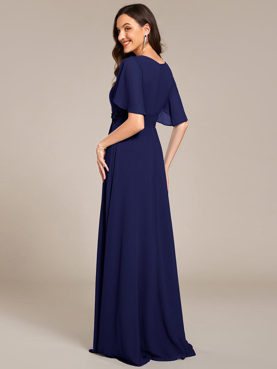 ever ASPYN|Short Sleeve Pleated Applique A-Line Floor-Length Formal Evening Dress