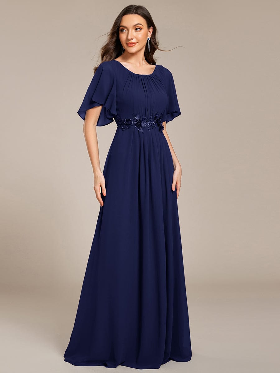 ever ASPYN|Short Sleeve Pleated Applique A-Line Floor-Length Formal Evening Dress