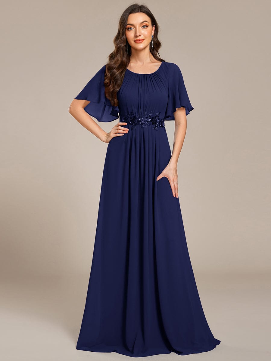 ever ASPYN|Short Sleeve Pleated Applique A-Line Floor-Length Formal Evening Dress
