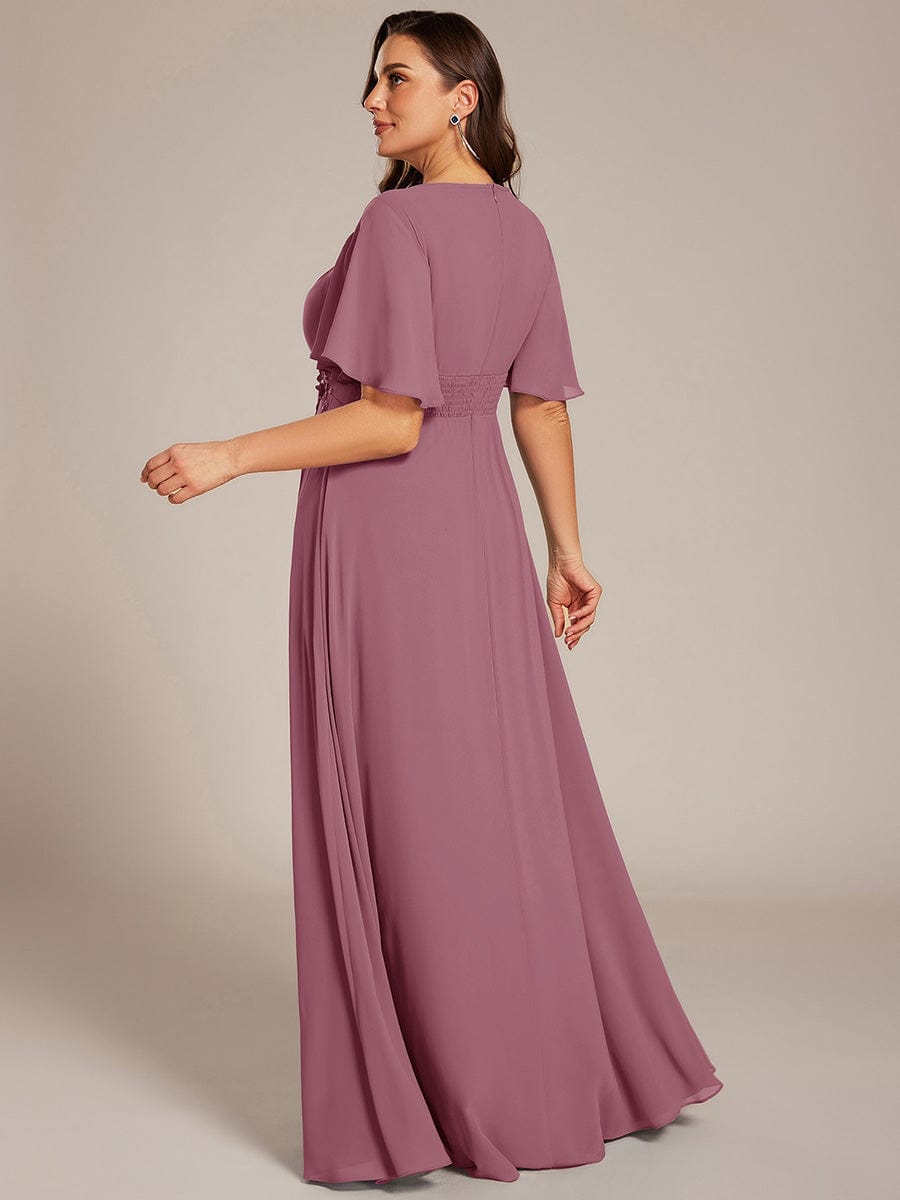 ever ASPYN|Short Sleeve Pleated Applique A-Line Floor-Length Formal Evening Dress