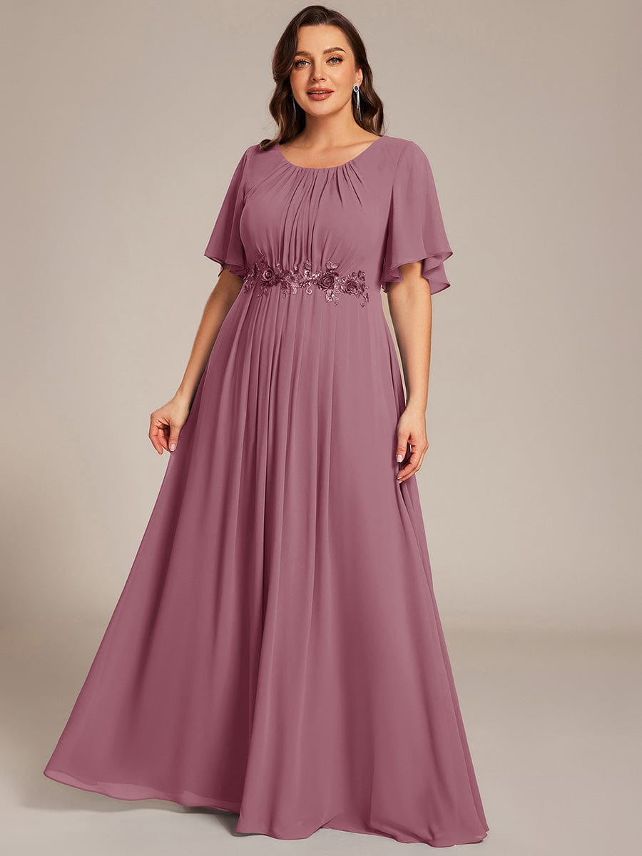 ever ASPYN|Short Sleeve Pleated Applique A-Line Floor-Length Formal Evening Dress
