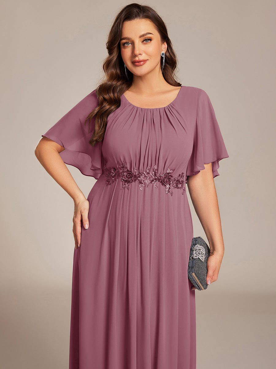 ever ASPYN|Short Sleeve Pleated Applique A-Line Floor-Length Formal Evening Dress