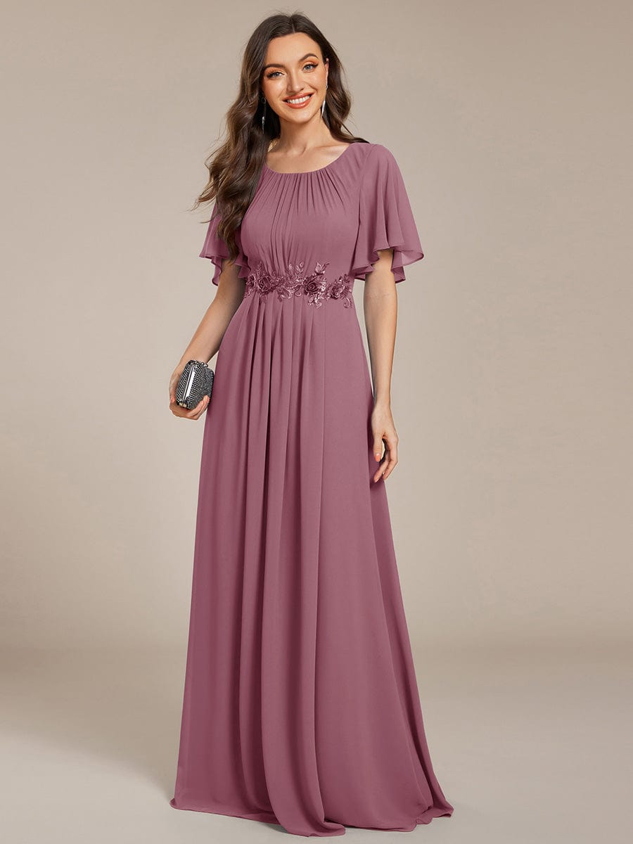 ever ASPYN|Short Sleeve Pleated Applique A-Line Floor-Length Formal Evening Dress