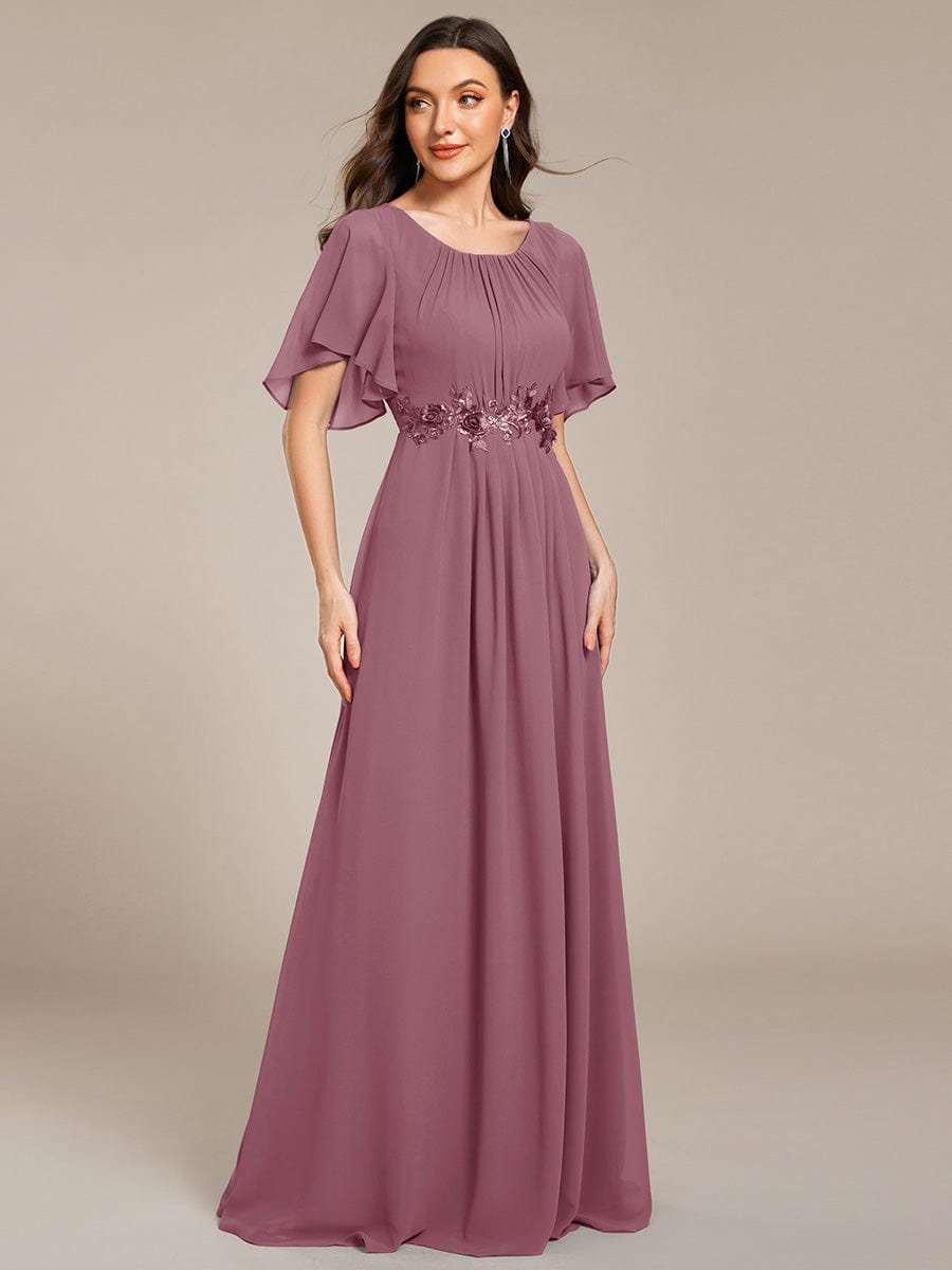 ever ASPYN|Short Sleeve Pleated Applique A-Line Floor-Length Formal Evening Dress