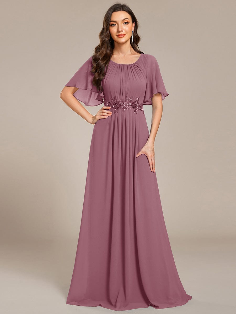 ever ASPYN|Short Sleeve Pleated Applique A-Line Floor-Length Formal Evening Dress