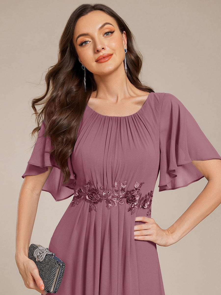 ever ASPYN|Short Sleeve Pleated Applique A-Line Floor-Length Formal Evening Dress
