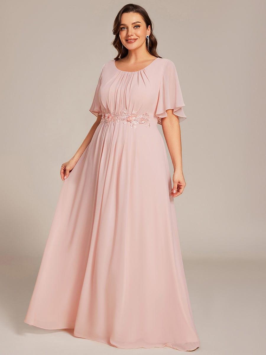 ever ASPYN|Short Sleeve Pleated Applique A-Line Floor-Length Formal Evening Dress