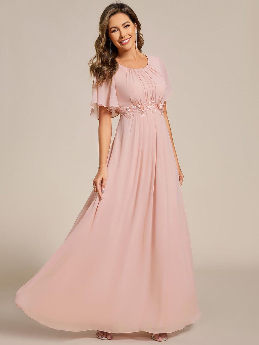 ever ASPYN|Short Sleeve Pleated Applique A-Line Floor-Length Formal Evening Dress