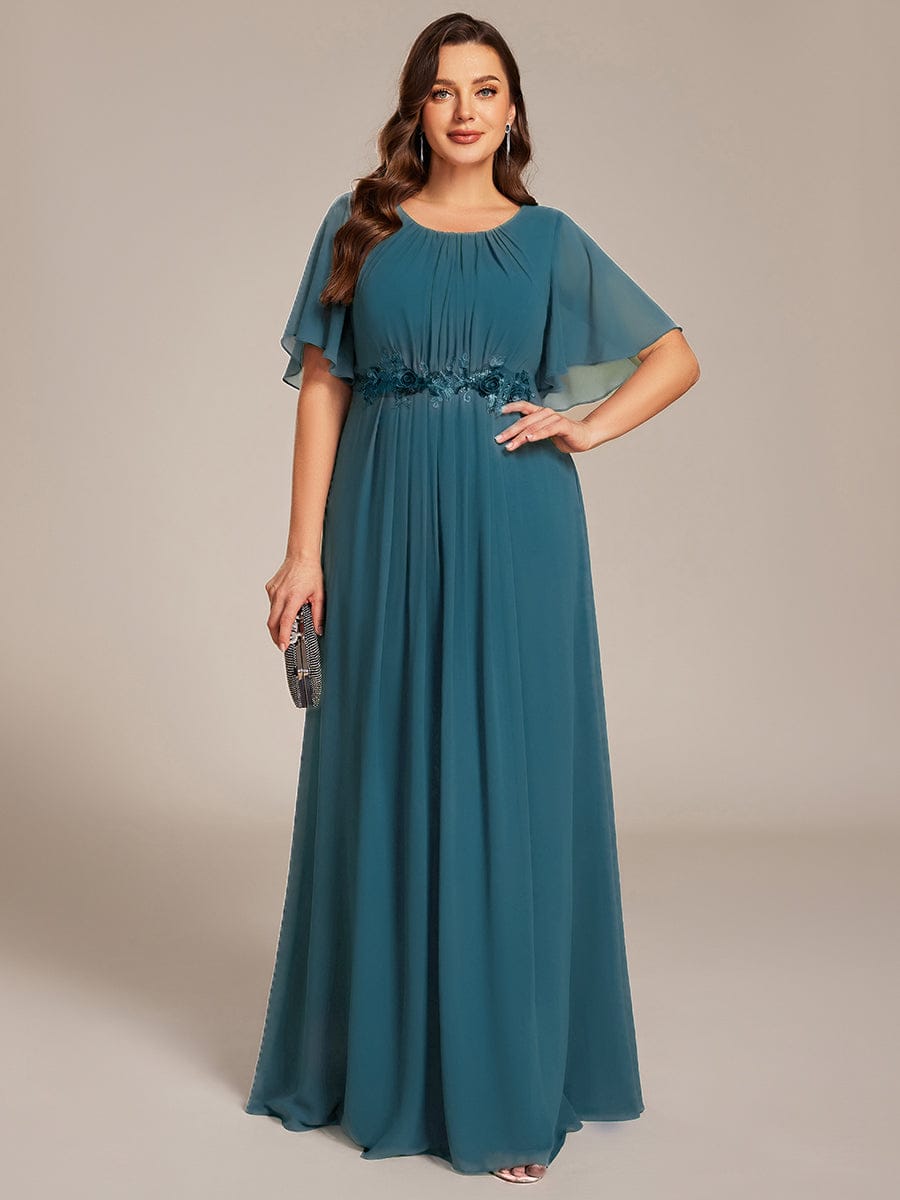 ever ASPYN|Short Sleeve Pleated Applique A-Line Floor-Length Formal Evening Dress