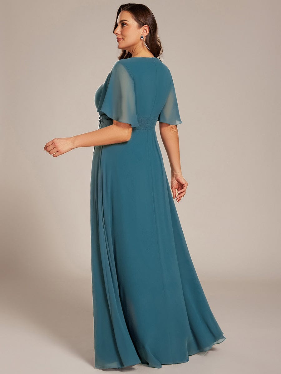 ever ASPYN|Short Sleeve Pleated Applique A-Line Floor-Length Formal Evening Dress