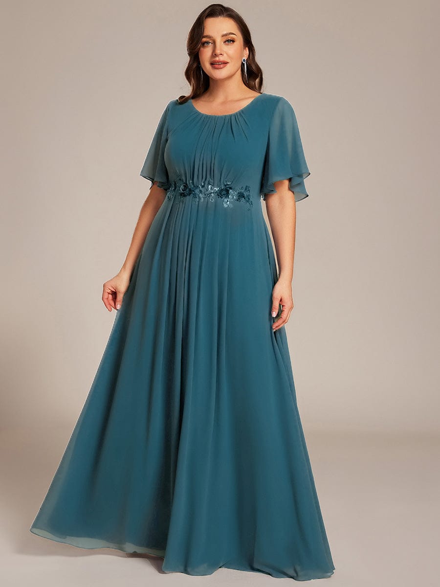 ever ASPYN|Short Sleeve Pleated Applique A-Line Floor-Length Formal Evening Dress