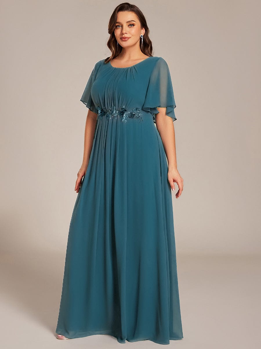 ever ASPYN|Short Sleeve Pleated Applique A-Line Floor-Length Formal Evening Dress