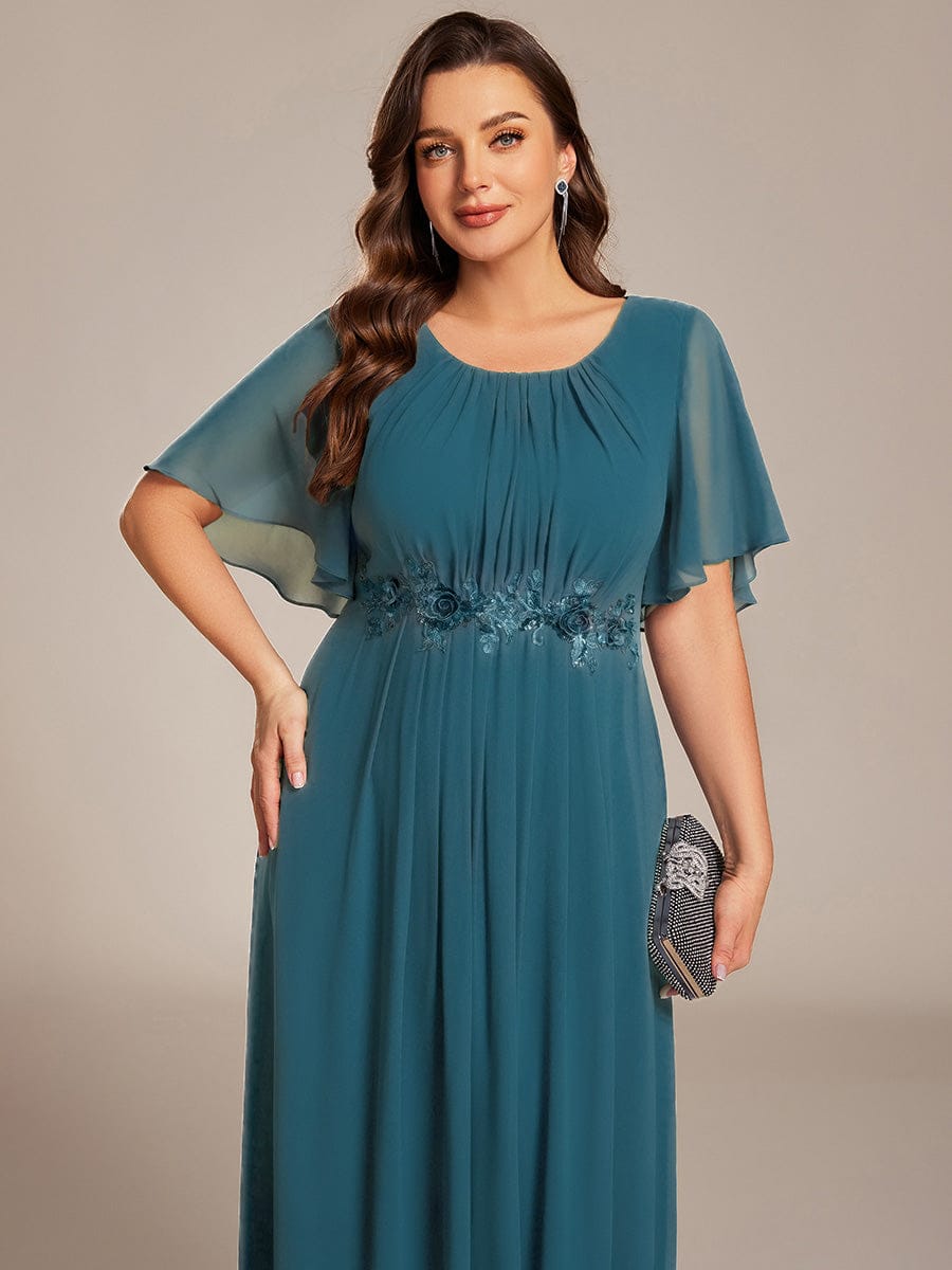 ever ASPYN|Short Sleeve Pleated Applique A-Line Floor-Length Formal Evening Dress