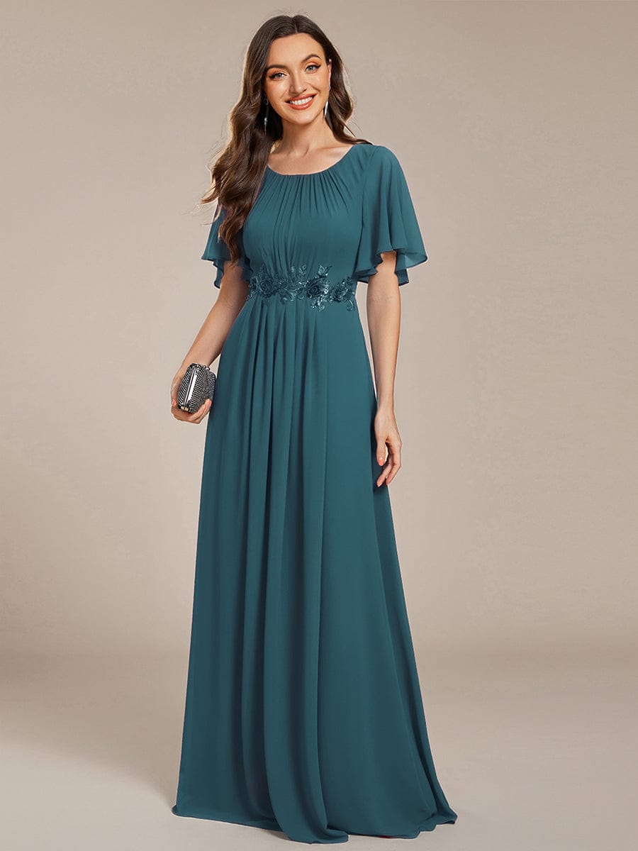 ever ASPYN|Short Sleeve Pleated Applique A-Line Floor-Length Formal Evening Dress