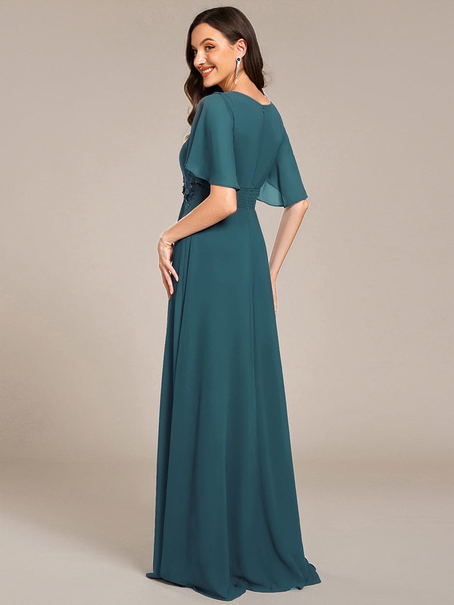 ever ASPYN|Short Sleeve Pleated Applique A-Line Floor-Length Formal Evening Dress