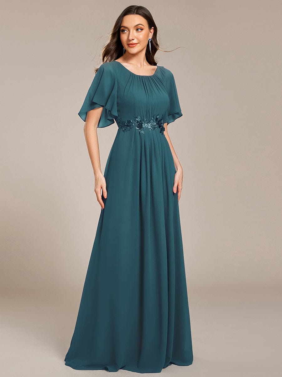 ever ASPYN|Short Sleeve Pleated Applique A-Line Floor-Length Formal Evening Dress