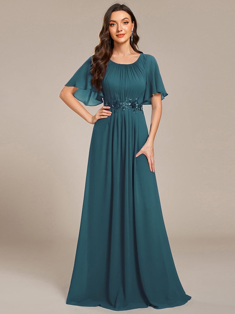 ever ASPYN|Short Sleeve Pleated Applique A-Line Floor-Length Formal Evening Dress