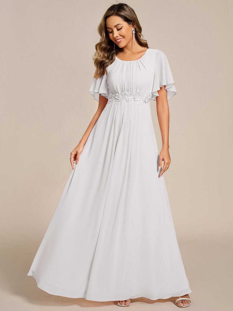 ever ASPYN|Short Sleeve Pleated Applique A-Line Floor-Length Formal Evening Dress