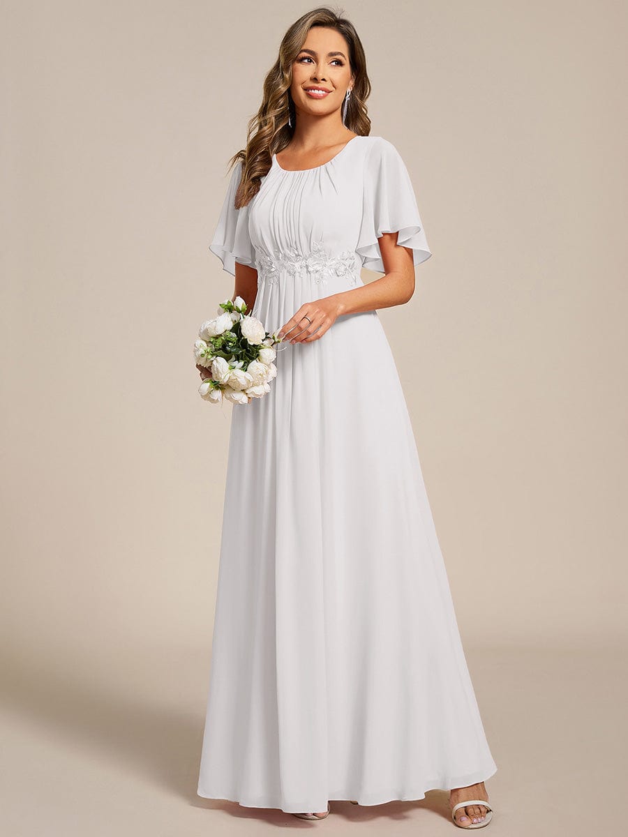 ever ASPYN|Short Sleeve Pleated Applique A-Line Floor-Length Formal Evening Dress