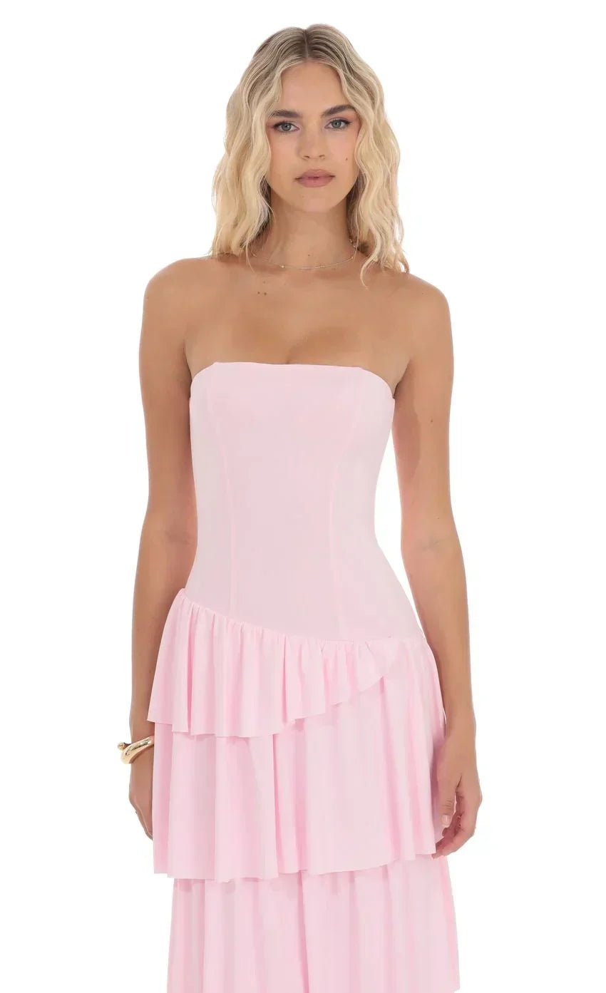 Strapless Asymmetrical Ruffle Maxi Dress in Pink
