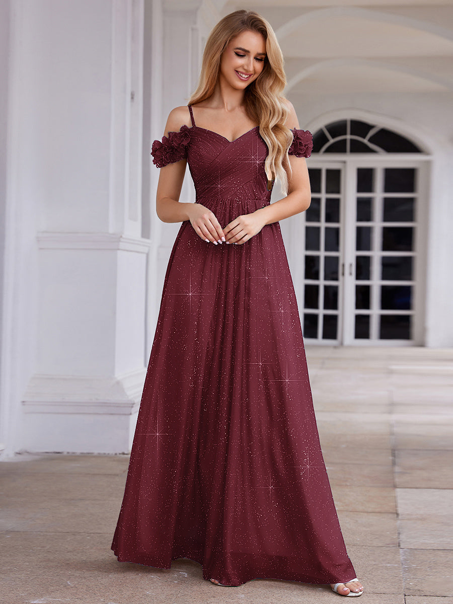 ever AYLANI|Sparkling V-Neck Floral Cold-Shoulder Evening Dress with Pleated